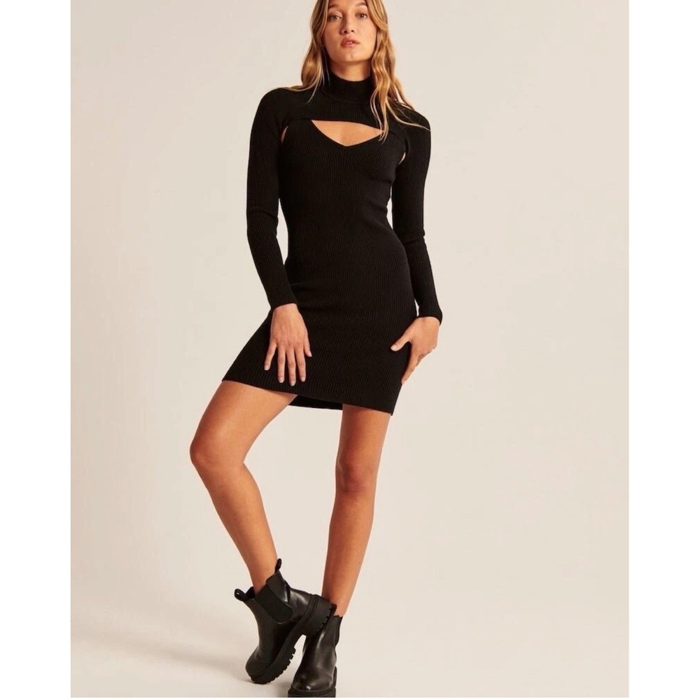 Abercrombie & Fitch Black Ribbed 2 Piece Sweater Dress shrug Small Cutout witch